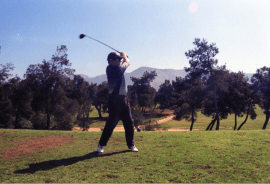 With the ease and grace of a slightly older Justin Rose, Bob Simpson tees off in Glyfada