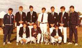 The 1981 Pangbourne College First VIII: Angus Thomas is kneeling secnd from left next to James Witter who would go on to win a Blue for Cambridge