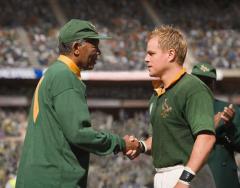 Morgan Freeman's Mandela congratulates Matt Damon's Pienaar after South Africa's victory in the 1995 RWC final