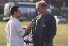 Francois Pienaar giving an interview to Barney Spender during the build-up to the 1995 World Cup (Photo: Grant Leversha)