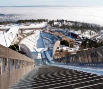 Holmenkollen, as it is today, still with the frozen lake at the base of the jump