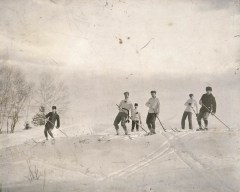 Group cross-country skiing in Canada, using long poles to steer This group was photographed in 1895. (Library and Archives Canada, C-043152)