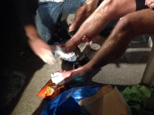 Nick Papageorge nurses Rob Pinnington's feet at the halfway point in Nemea