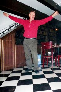 The Digger showing us the art of Greek dancing