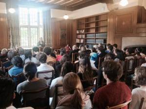 AE Stallings reading to a packed house at Rhodes House, Oxford, June 3 2015 (Photo: Julian Baird Gewitz)