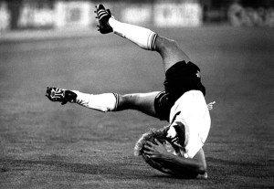 West Germany striker Juergen Klinsmann takes a tumble during the 1990 World Cup final (Photo: Mike King)